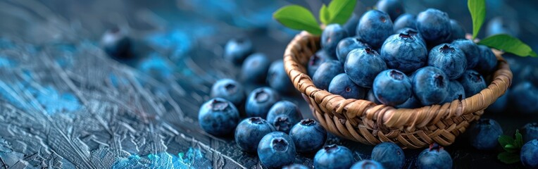 Summer Blueberries: Closeup of Ripe Fruits and Leaves in Wooden Basket on Dark Table - Food Photography - obrazy, fototapety, plakaty