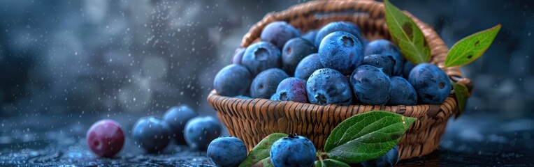 Summer Blueberries: Closeup of Ripe Fruits and Leaves in Wooden Basket on Dark Table - Food Photography