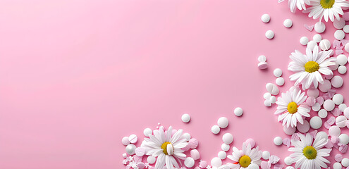 This banner features a horizontal design with white pills, flowers, and a pink backdrop, perfect for event announcements, blog headlines, and social media postings.