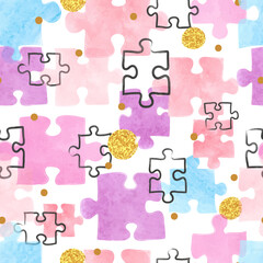 Seamless puzzle pattern. Vector colorful watercolor illustration with puzzle pieces