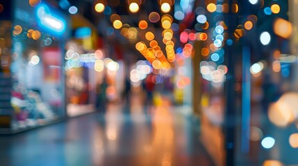 A blurred background featuring a virtual marketplace with a mix of various digital stores and shopping symbols. The outoffocus storefronts create an abstract representation of the . - obrazy, fototapety, plakaty