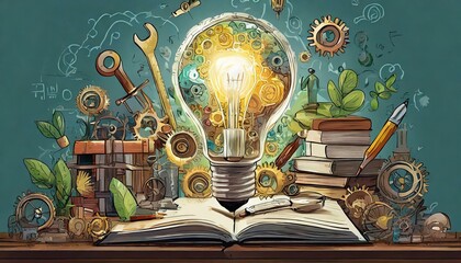 light bulb stands out in the center, surrounded by a variety of different objects such as books, tools, gears, and plants. Each object represents a different aspect of creativity, innovation