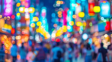 A sea of blurred faces in a crowded shopping district as colorful store fronts and bright lights provide a heightened sense of urgency and excitement to the busy shoppers experience. . - obrazy, fototapety, plakaty
