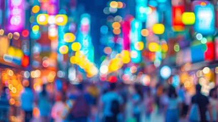 Foto op Canvas A sea of blurred faces in a crowded shopping district as colorful store fronts and bright lights provide a heightened sense of urgency and excitement to the busy shoppers experience. . © Justlight