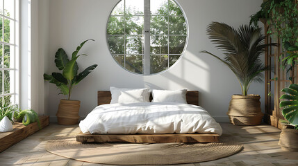 White pillows on wooden bed in minimal bedroom interior with plants and round rug. Real photo, realistic interior design