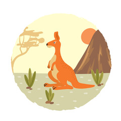 Cute cartoon kangaroo and Australian landscape. Vector illustration