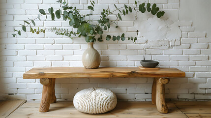 Wooden coffee table with eucalyptus branches in vase, folding screen and pouf near white brick wall, realistic interior design