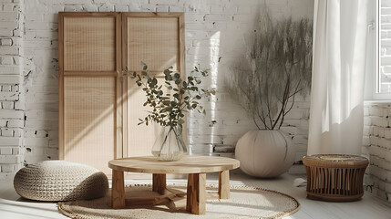 Wooden coffee table with eucalyptus branches in vase, folding screen and pouf near white brick wall, realistic interior design