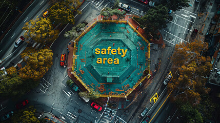 drone top view of "safety area" sign on the street, earthquake community safe space, urban planning for natural disasters