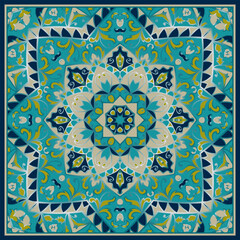 Vintage blue scarf design. Vector pattern for a neckerchief, carpet, kerchief, bandana, rug. Traditional floral pattern. - 789720712