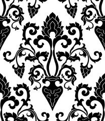 Black and white floral pattern. Vector damask seamless background.  Victorian ornament with stylized flowers. Template for wallpaper, textile, carpet.