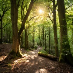 scenic path winds through a lush forest, dappled sunlight filtering through the dense canopy of trees and casting a golden glow on the woodland floor