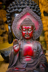 The Great Gautama Buddha Calm Meditation Statue made from wood at Mamallapuram or Mahabalipuram in...
