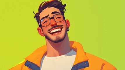 A cheerful male cartoon character with a big smile and minimalistic features is depicted in a 2d illustration set against a vibrant green backdrop