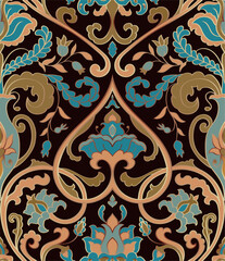 Seamless pattern with ornamental flowers. Blue and brown floral damask ornament. Background for wallpaper, textile, carpet and any surface. 
