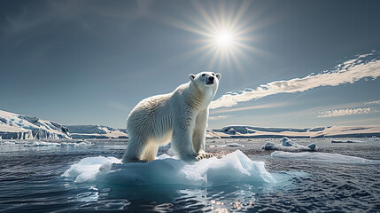 suffering polar bear stepping on ice melting, climate change, animal extintion - obrazy, fototapety, plakaty