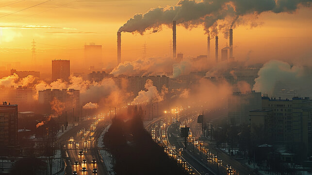 extremely polluted city with factories and cars, smoke in the air, climate change
