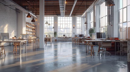 Corner of modern Industrial style open space office with white walls, concrete floor, rows of computer tables and panoramic windows with blurry cityscape, 3d rendering