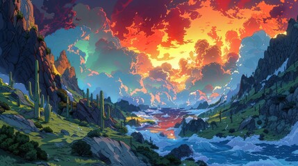Epic Landscape Illustration of a River Flowing through a Mountainous Valley Under a Fiery Sunset Sky