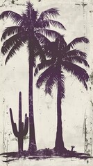 Grunge Silhouette Art of Palm and Cactus Trees on a Vintage Textured Background