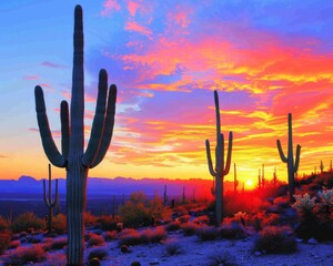 Iconic Arizona Desert with Saguaro Cacti Against Fiery Sunset Sky for Southwestern Themed Visuals and Travel Imagery