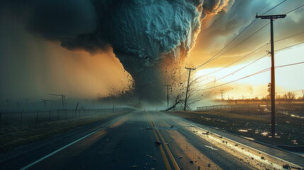 furious gigantic tornado in the middle of the road, natural disaster, angry mother earth, climate change - obrazy, fototapety, plakaty