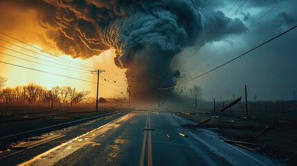 furious gigantic tornado in the middle of the road, natural disaster, angry mother earth, climate change - obrazy, fototapety, plakaty