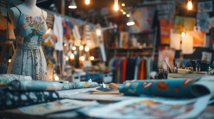 Defocused lights glimmer behind a cluttered workshop revealing a canvas of swirling sketches and colorful fabric swatches as mannequins loom in the background. .