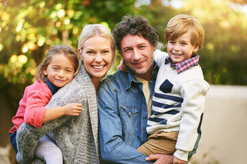 Family, portrait and together in garden for love with cute kids, happiness and lens flare. Parents,...