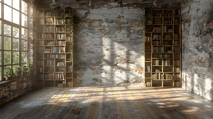 Empty vintage room with little bookshelves and brick wall - rendering
