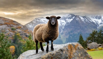 Fototapeta premium A young sheep standing on a boulder