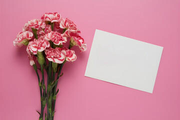 Elegant carnation bouquet with white greeting card on pink