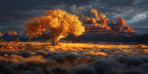 Majestic Lone Tree Basking in the Golden Light of Sunset with Sedona Red Rock Formations in the Background