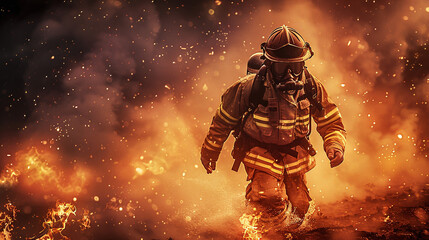 brave and courageous firefighter coming from wildfire, smoke, dangerous, natural disaster