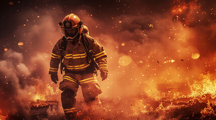 brave and courageous firefighter coming from wildfire, smoke, dangerous, natural disaster