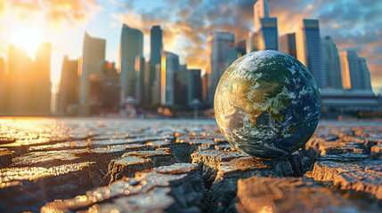 illustration of world globe on pavemented ground with city skyline in the background, polluted cosmopolitan, save the planet - obrazy, fototapety, plakaty