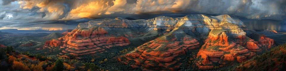 Wide Panoramic View of Sedona's Red Rocks with Dramatic Storm Clouds, Perfect for Wall Art, Nature Photography, and Environmental Awareness Campaigns