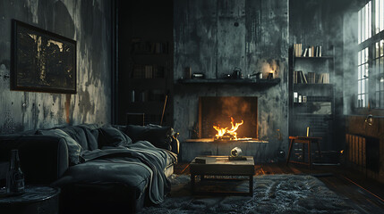 Gray velour sofa in a dark room the bright light from eternal light, and artificial fireplace, Interior loft with concrete walls