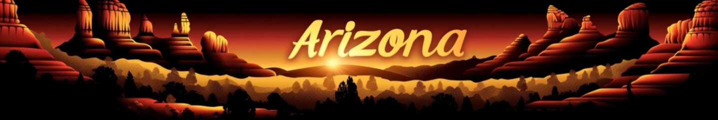 Stylized Text "Arizona" with Fiery Sunset Backdrop and Cactus Silhouette, Suitable for Travel Brochures and Promotional Material