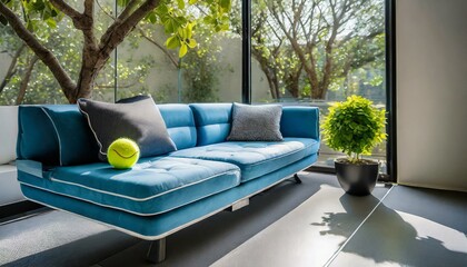 rectangular electric blue studio couch with pillows and a tennis ball on it, placed next to a tree outside a window. The design resembles automotive exterior with sleek lines and lighting - obrazy, fototapety, plakaty