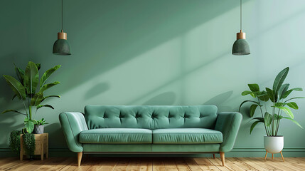 green mint wall with sofa \u0026 sideboard on wood floor-interior