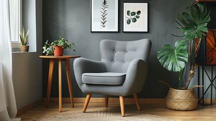Grey armchair next to a wooden table in living room interior with plant and poster