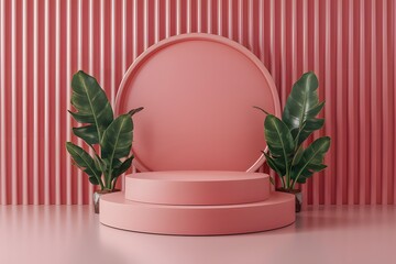 Realistic pink cylindrical podium on simple background
