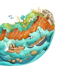 A cutaway illustration of a seaside cliff, revealing a shipwreck and a lost city.