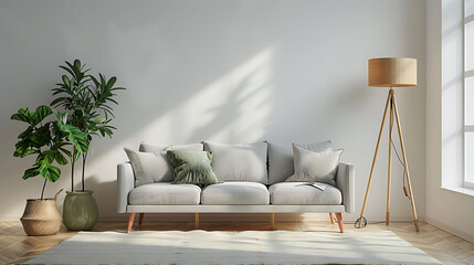 Home interior mock-up with gray sofa, wooden floor lamp and green vase in bright living room, 3d render, 3d illustration