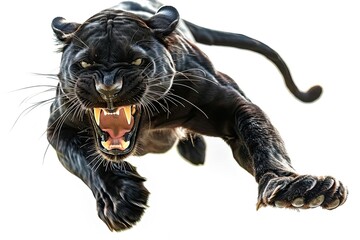 a black panther pounce with sharp claws and roared isolated on white background  - obrazy, fototapety, plakaty
