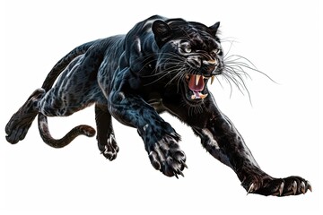 Fototapeta premium a black panther pounce with sharp claws and roared isolated on white background 