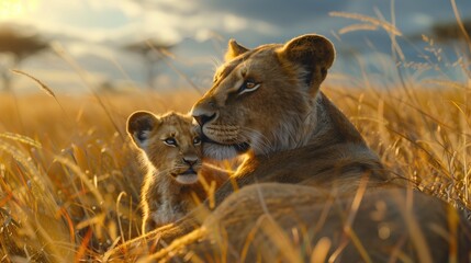 Lioness and lion cub in the savannah at sunset.