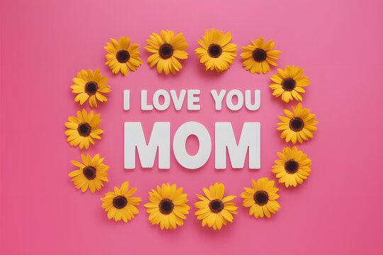 Photo I love you Mom text on pink background with flowers