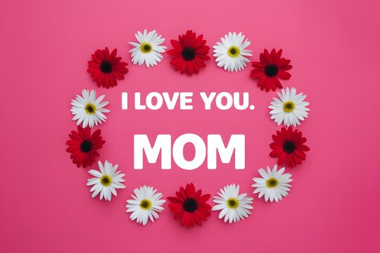 Photo I love you Mom text on pink background with flowers